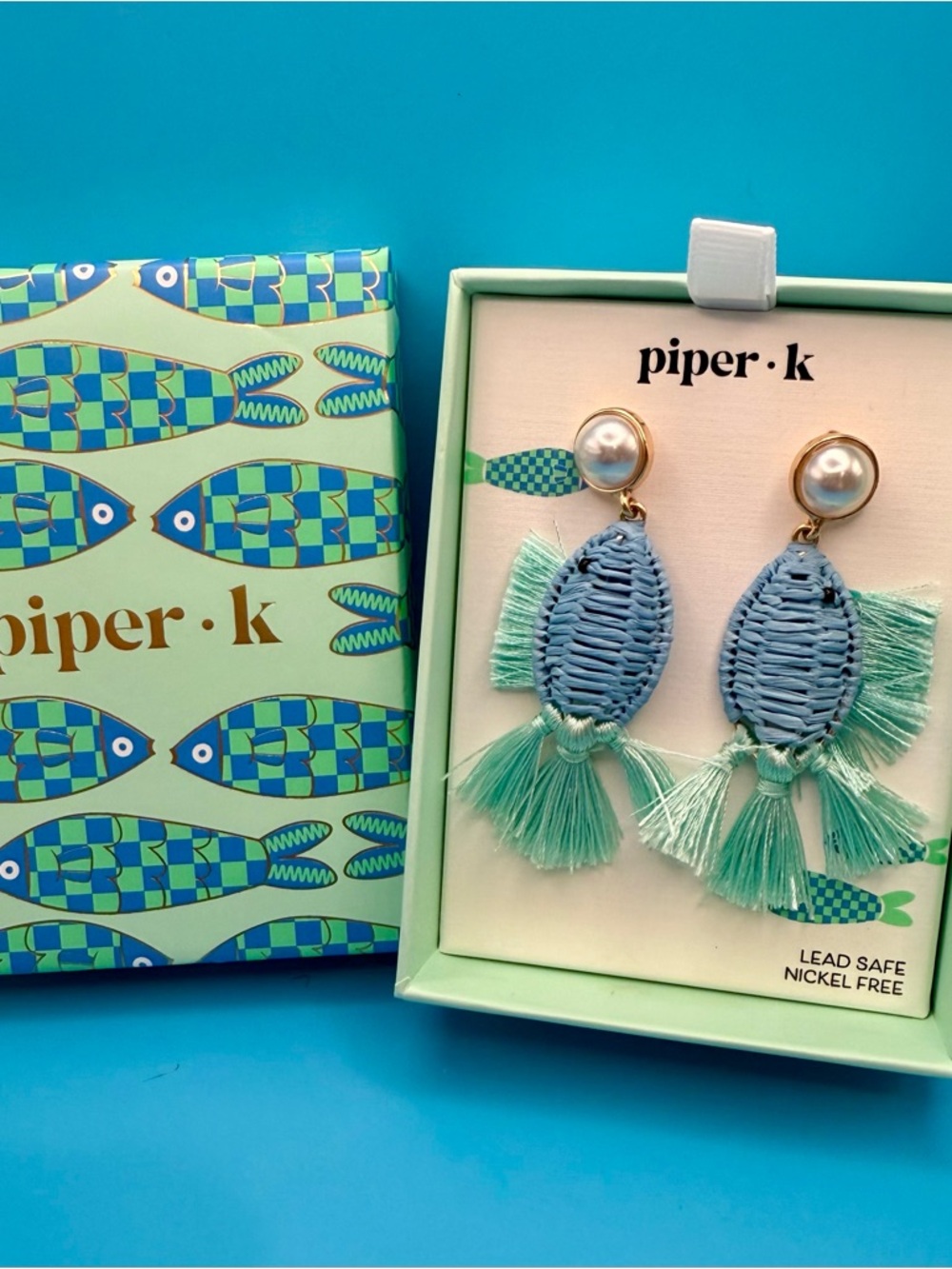 Piper K Blue and Mint Woven Fish Tassel Drop Earrings with Pearl Studs
